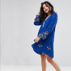 Free People Embroidered Mini Dress — Blue